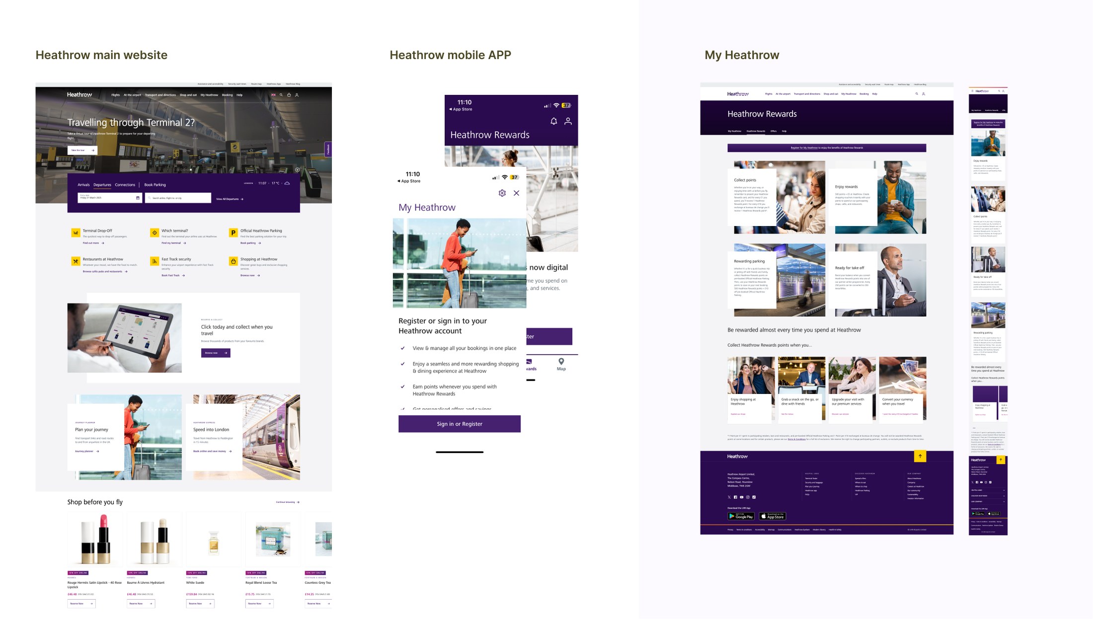 Heathrow 主網站、行動 App 與 My Heathrow 入口並排呈現,展示供應商之間共享的視覺語言
